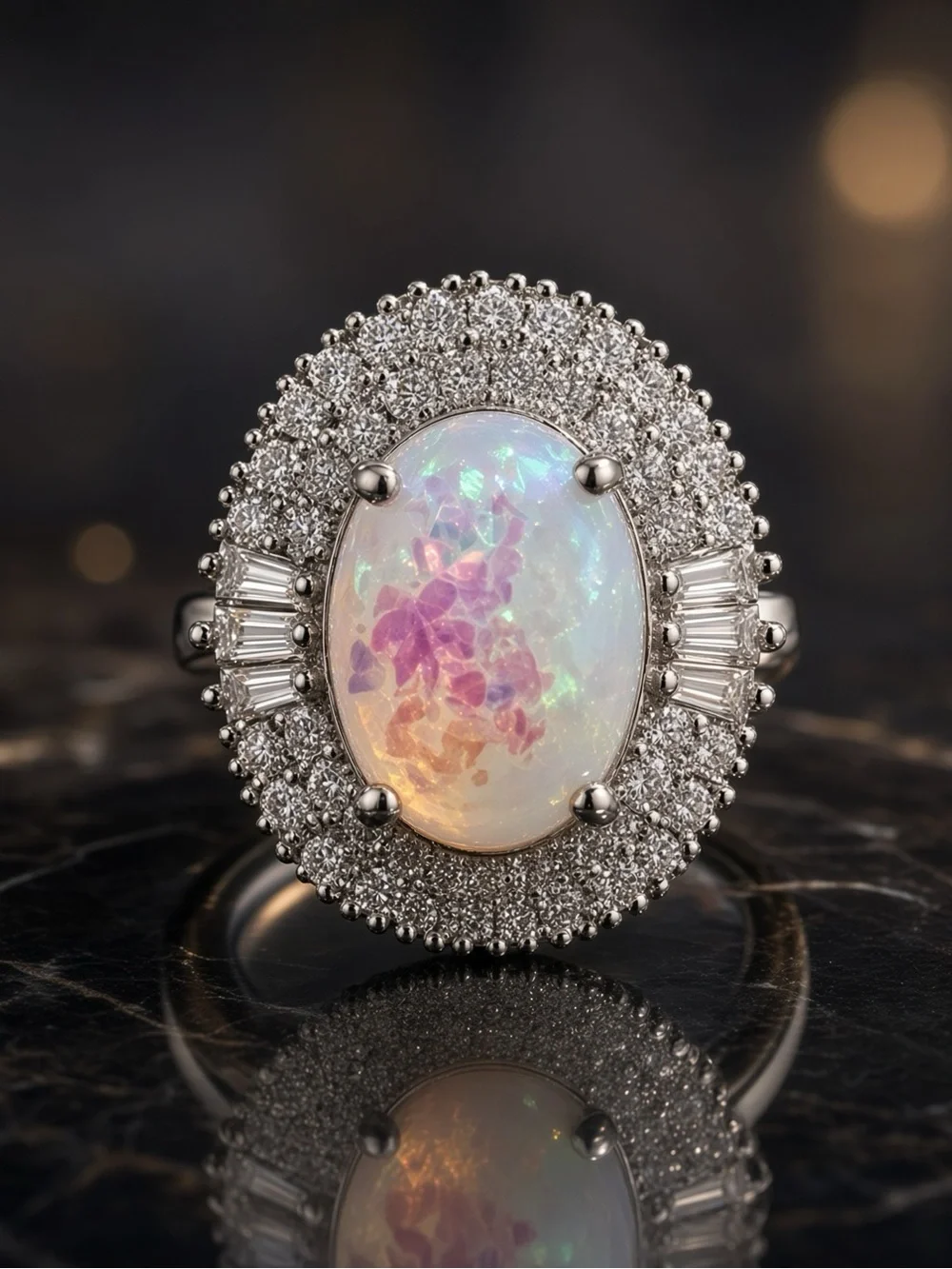 NWT Silver 3 ctw Crystal White Opal Halo Ring